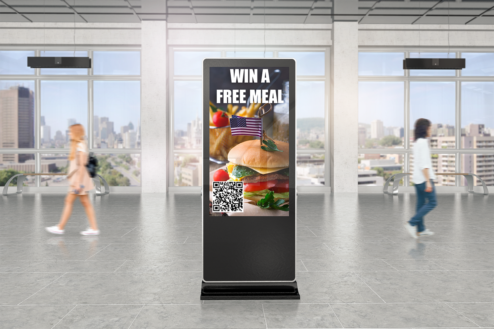 Digital display showing a win a free meal campaign with QR code