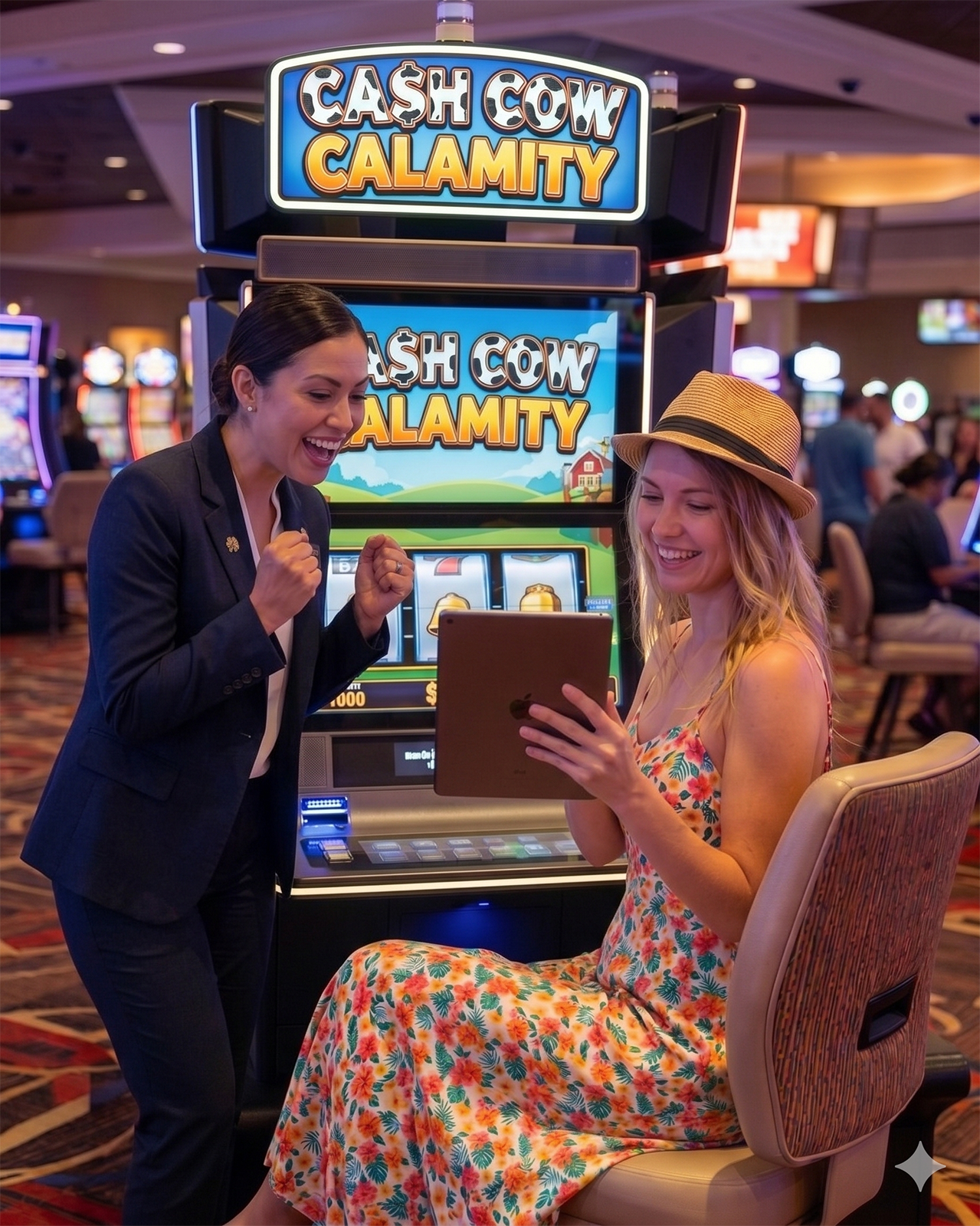 Casino host cheering on a customer playing a Promo on Demand game on a tablet