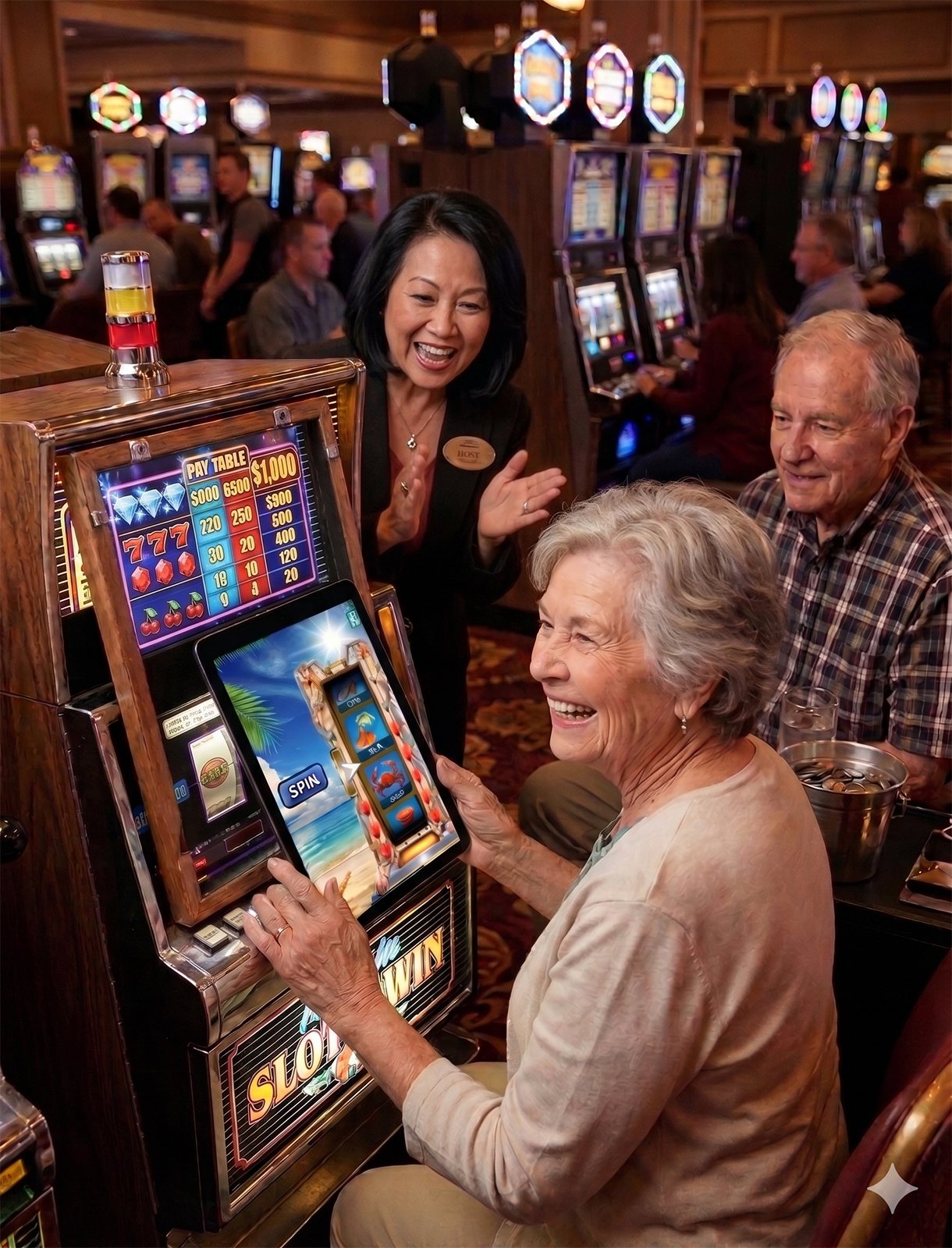 Older couple enjoying a Promo on Demand game experience on a casino floor