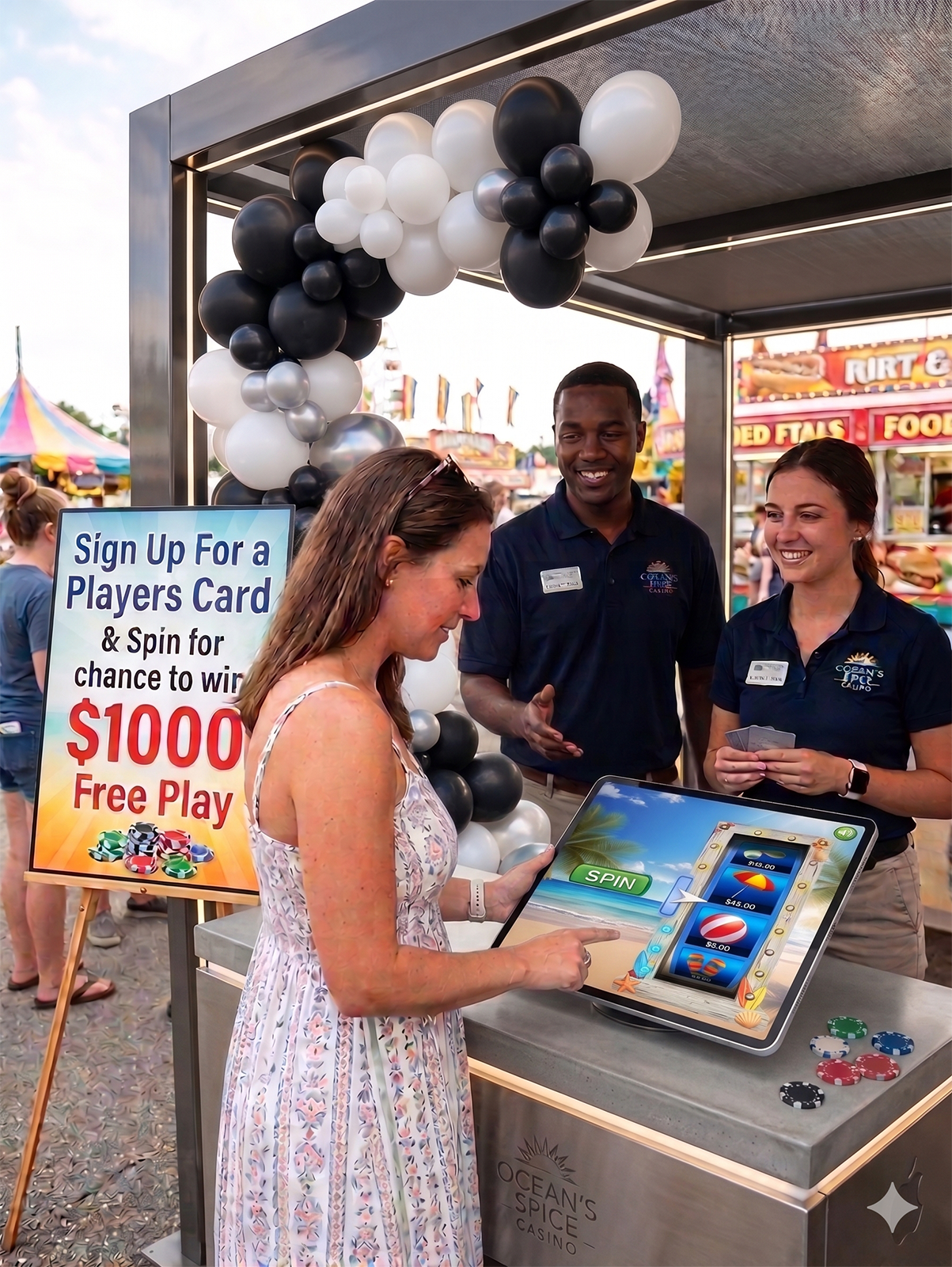 Woman playing a Promo on Demand game at a fairground event to win a prize