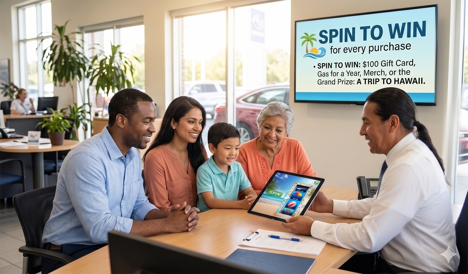 Family playing a spin-the-wheel game to earn a gift after purchasing a car