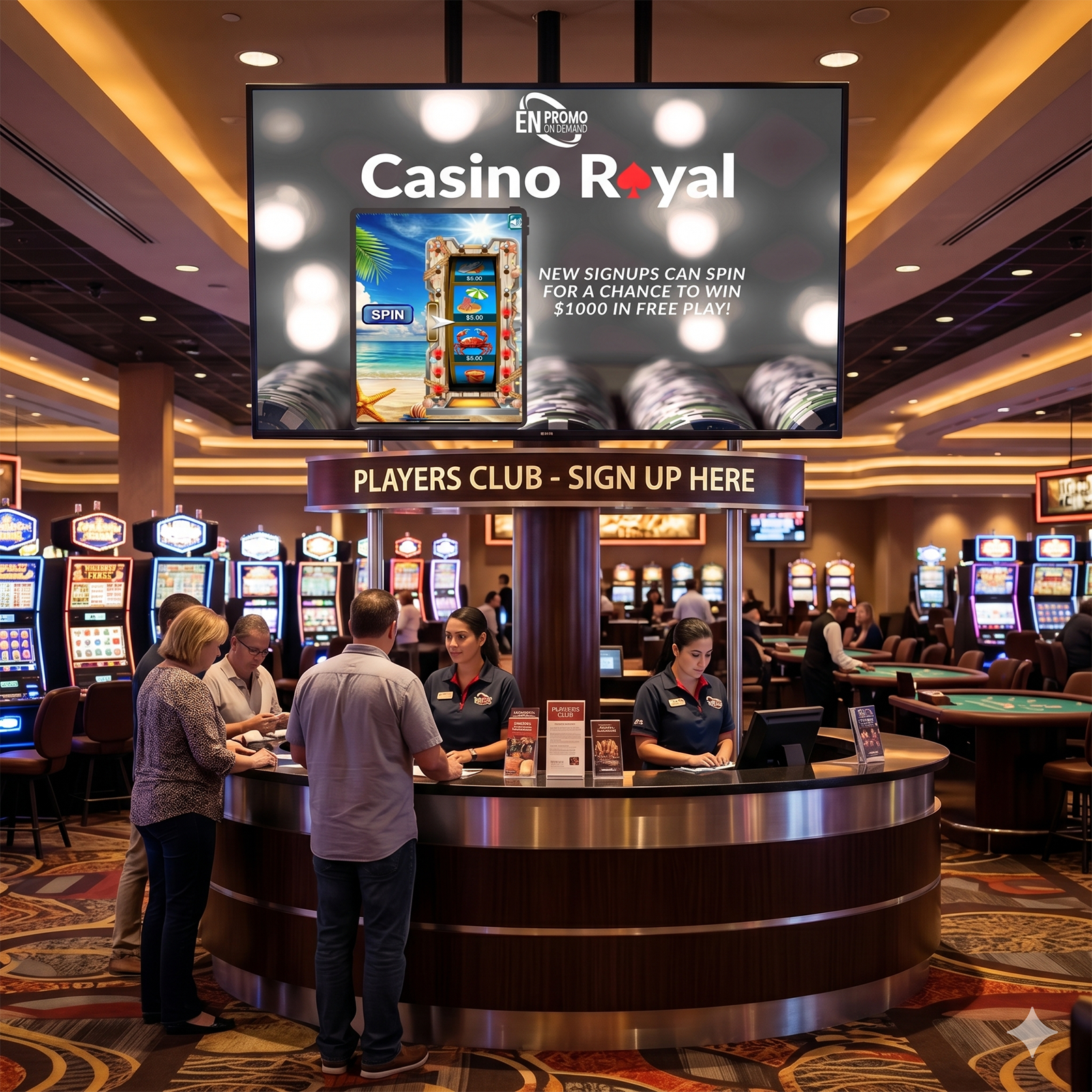 Players club desk with Promo on Demand display for VIP loyalty recognition