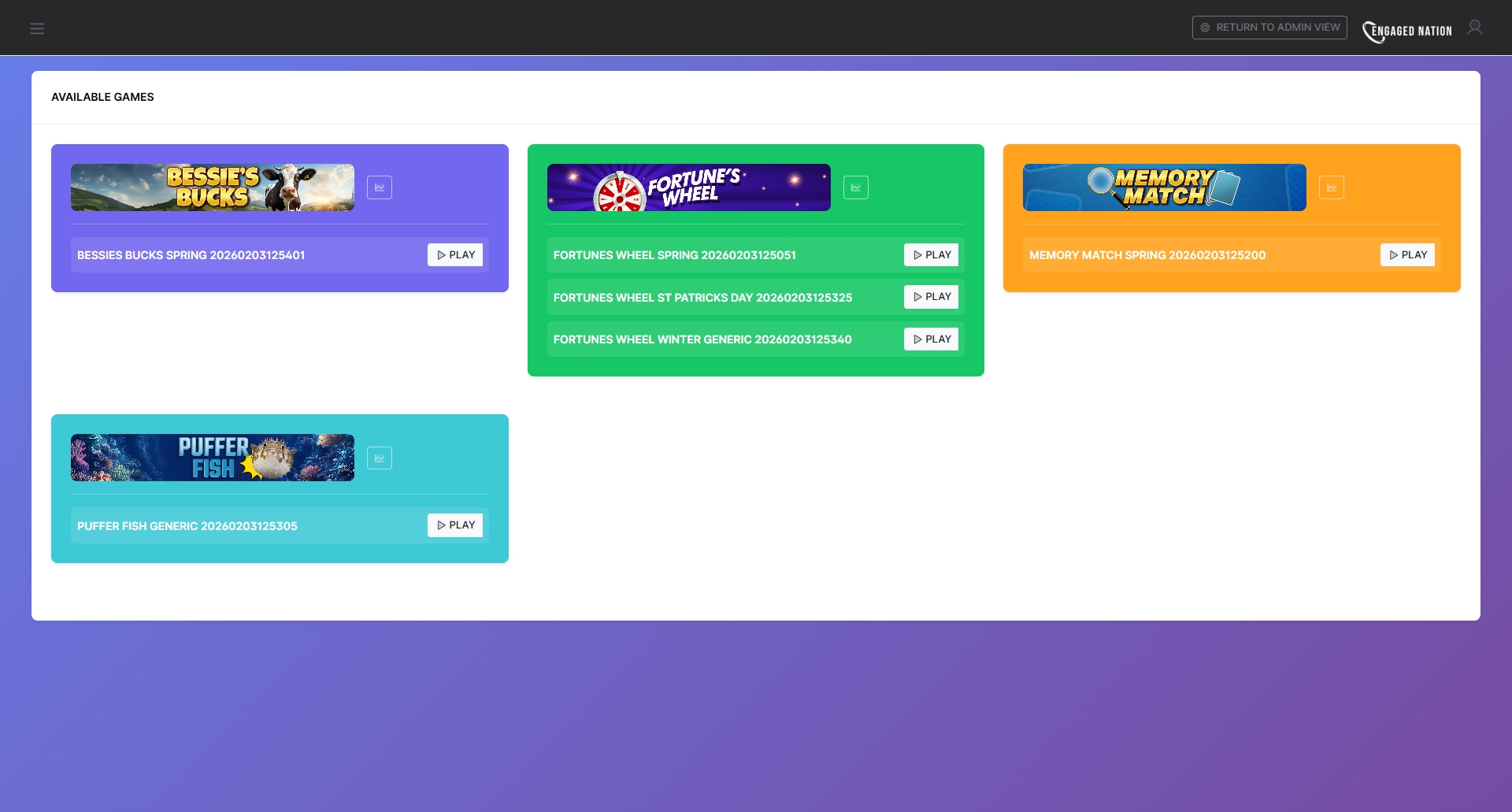 Frontend game lobby showing available promotions with Play buttons