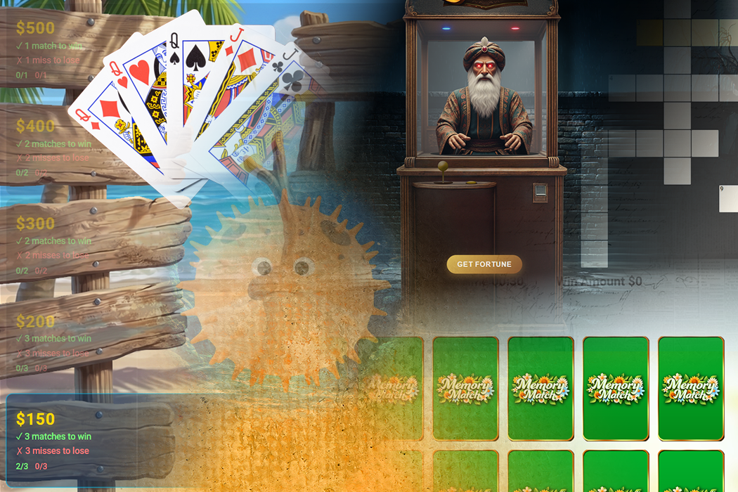A collage of Promo on Demand games — a card game, a fortune teller, a memory match board and a crossword — all running at once