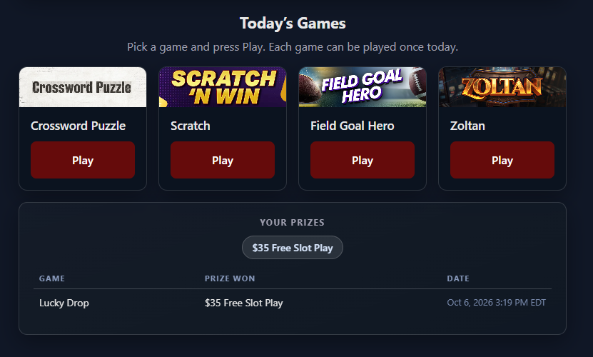 The participant's campaign page: four Daily Play game cards under Today's Games, each with a Play button, and a Your Prizes list below showing a $35 Free Slot Play win